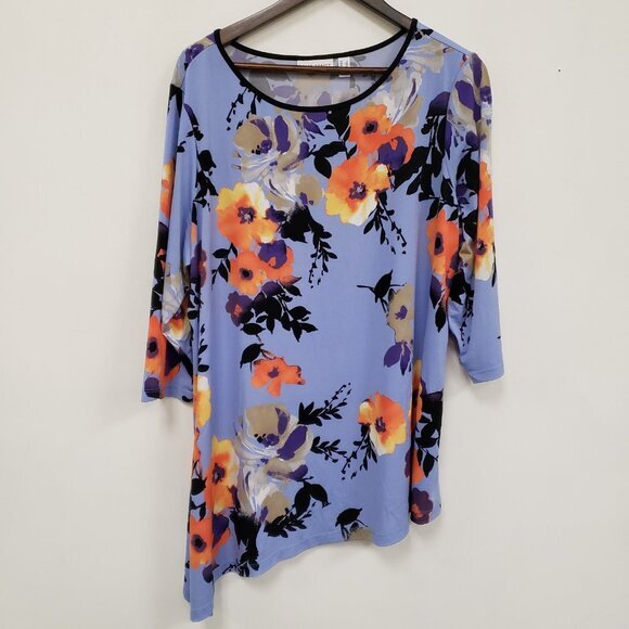 Susan Graver Womens Floral‎ Liquid Knit Asymmetric Top Size 1X Stretch Mature - Picture 1 of 9